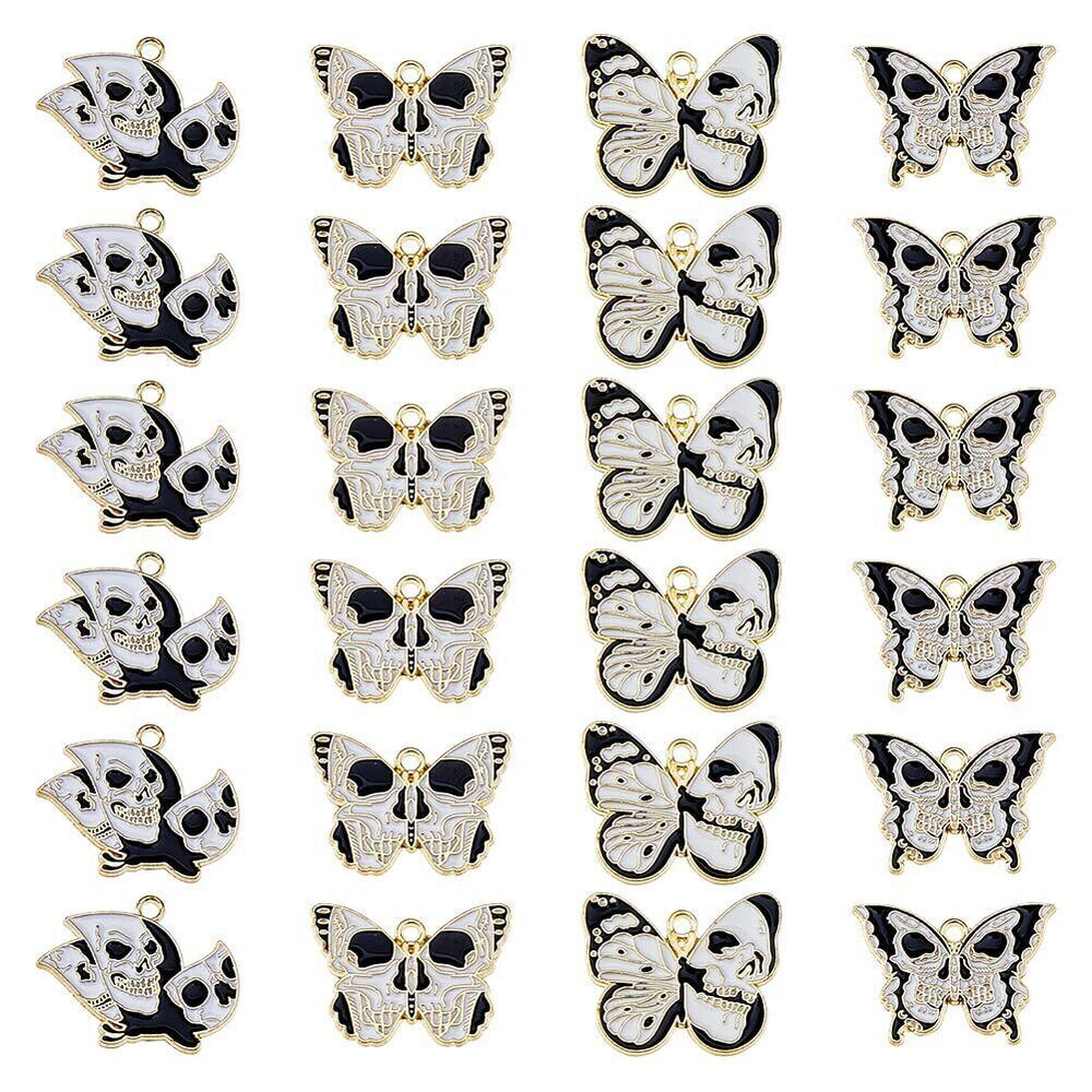 6035 24Pcs 4 Styles Alloy Enamel Skull Butterfly Charm Golden Gothic